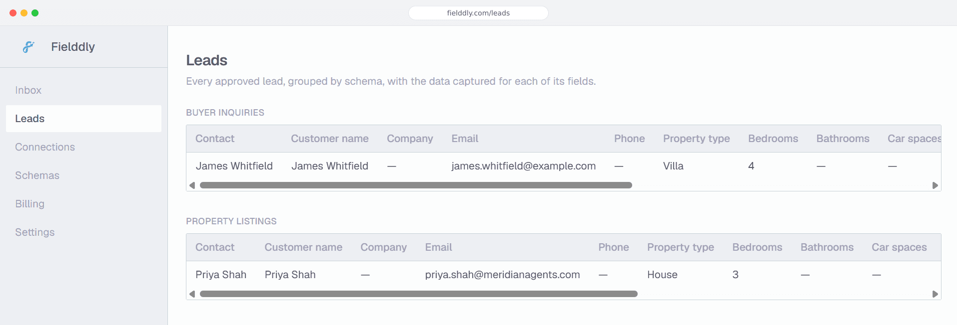 Fielddly leads table showing approved leads grouped by schema with every extracted field